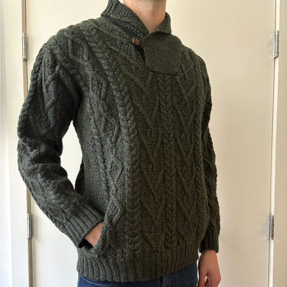 Aran Crafts Green Shawl Neck Sweater Cable Knit (S)